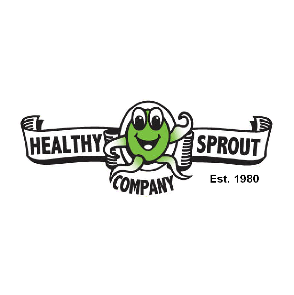 Logo for the Healthy Sprout Company featuring a smiling animated green sprout with arms, surrounded by text that reads 'Healthy Sprout Company Est. 1980'.