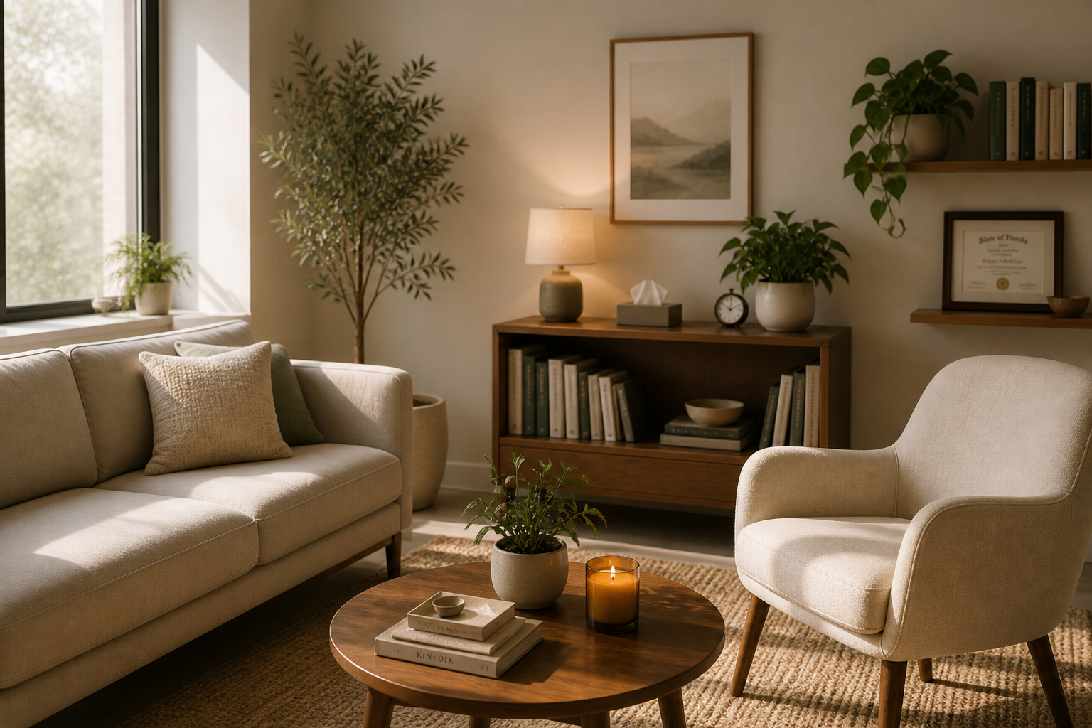 Cozy living room with beige sofa and armchair, wooden coffee table, indoor plants, bookcase, and framed artwork with warm lighting.