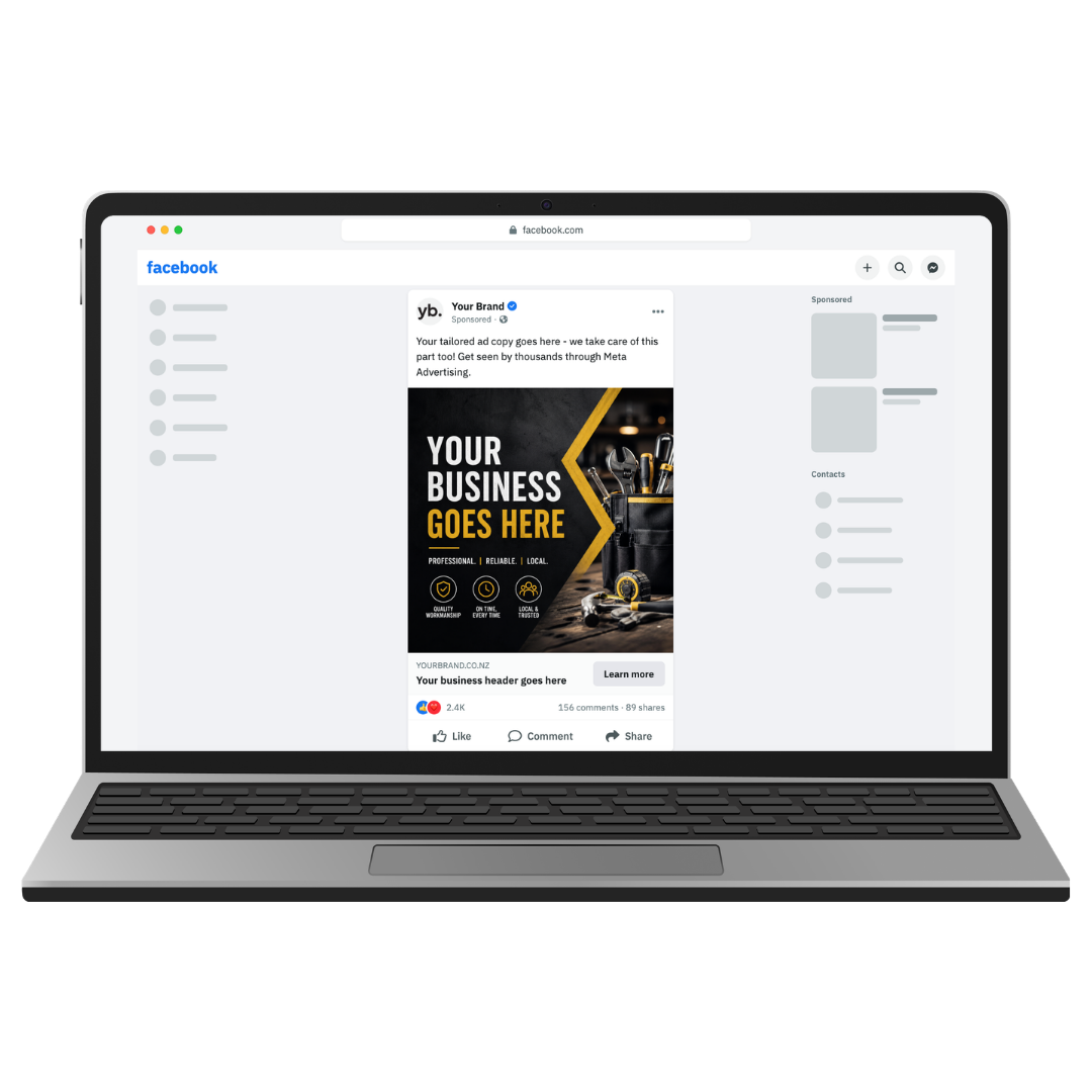 A computer screen displaying a Facebook ad for a tool or service, with a black and yellow promotional graphic that says 'Your Business Goes Here' and icons indicating quality, reliability, local expertise, and trustworthiness.