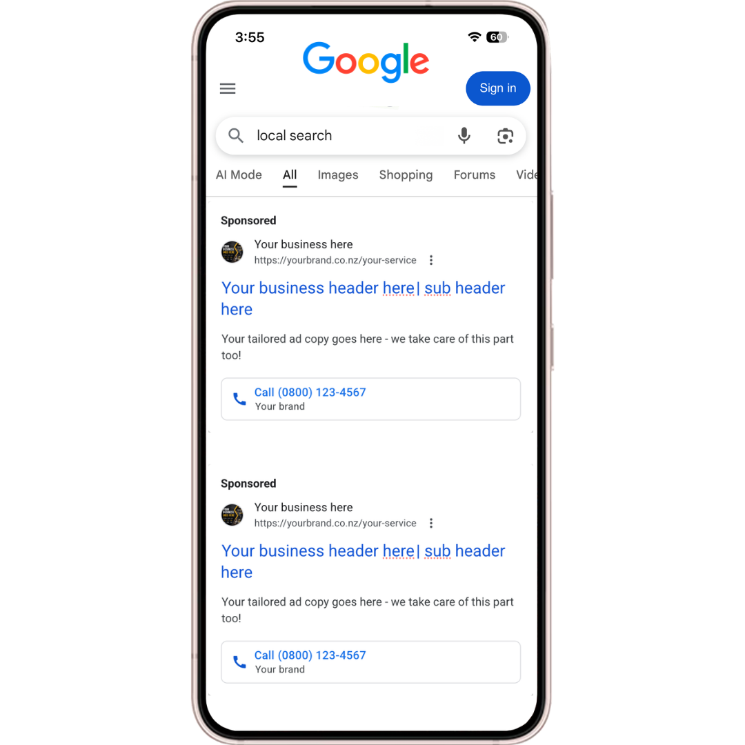A smartphone displaying a Google search results page with two sponsored ads for businesses, featuring placeholder text for headers and a phone number with a call button. The phone is against a red background.
