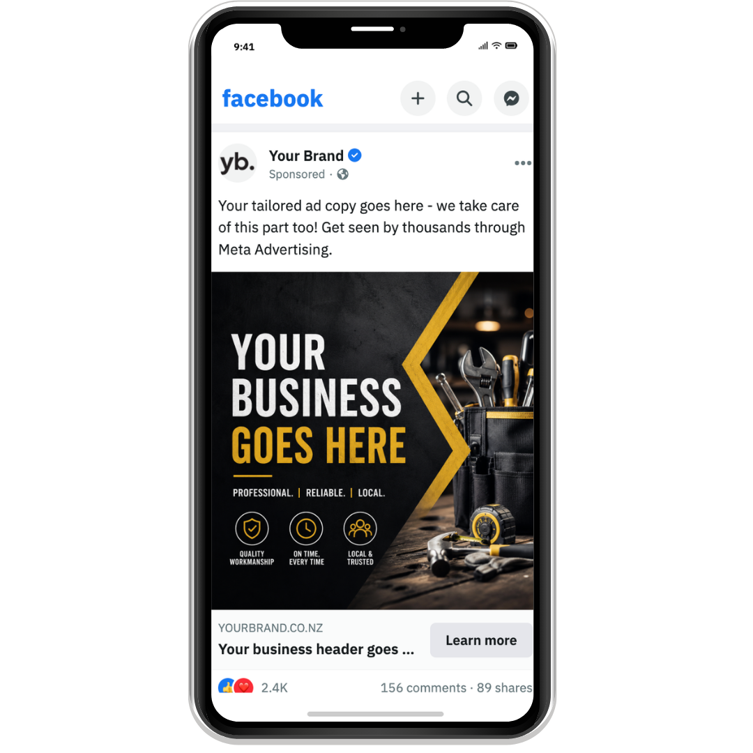 A Facebook advertisement on a smartphone screen showcasing a customizable business ad template with tools and icons, including the text 'Your Business Goes Here' and details about quality workmanship, reliability, and trustworthiness.