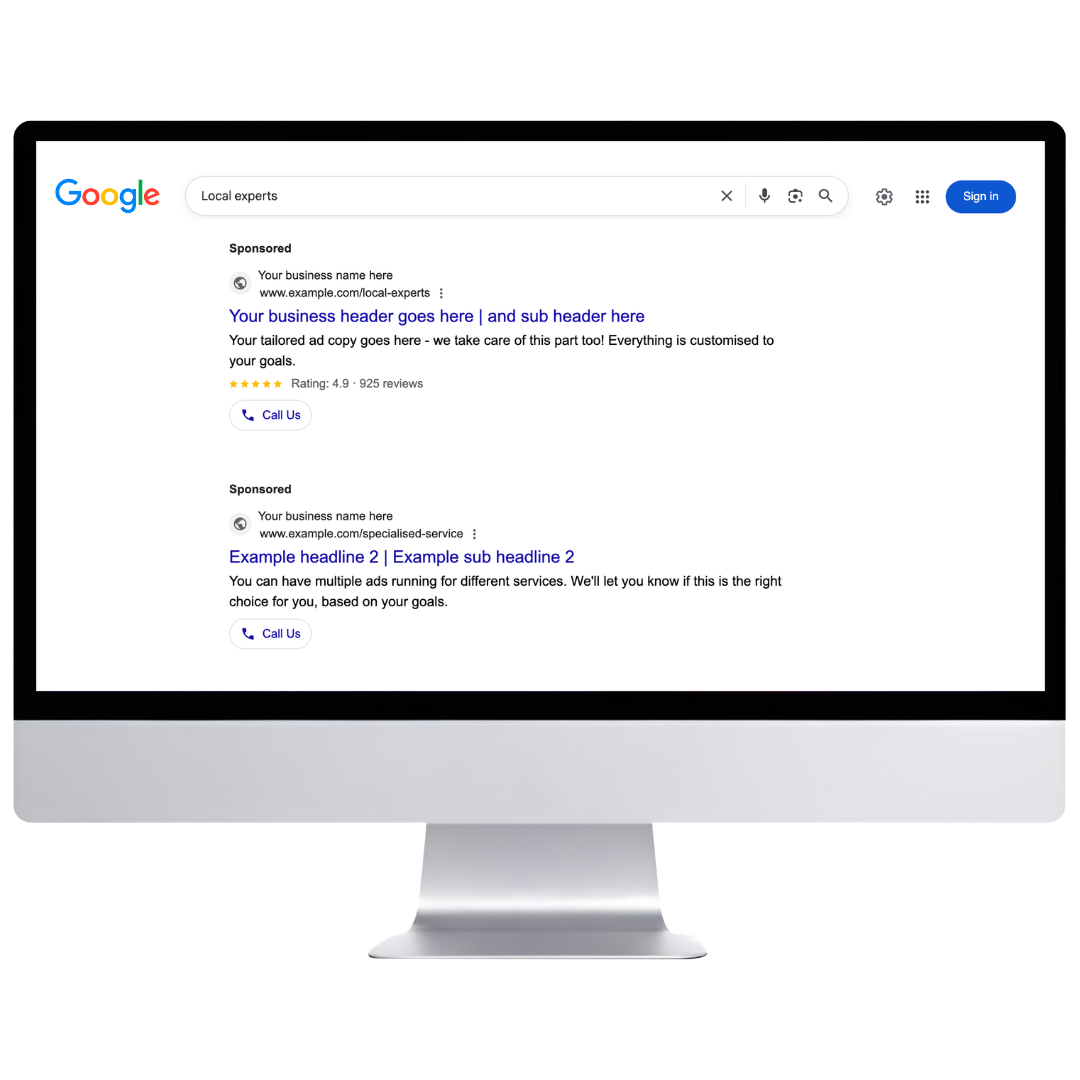 Computer screen displaying Google search results for 'local experts' with sponsored ads and search results. The interface is in English with options to Sign in and call buttons visible.