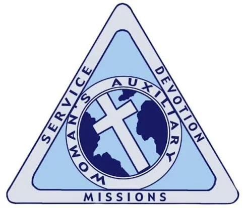 Logo of the World Mission Service with a circular emblem featuring a cross and map, enclosed within a triangular shape with text around the circle.