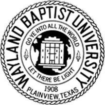 Seal of Wayland Baptist University featuring the university's name, founding year 1908, and a central emblem with a book and light rays