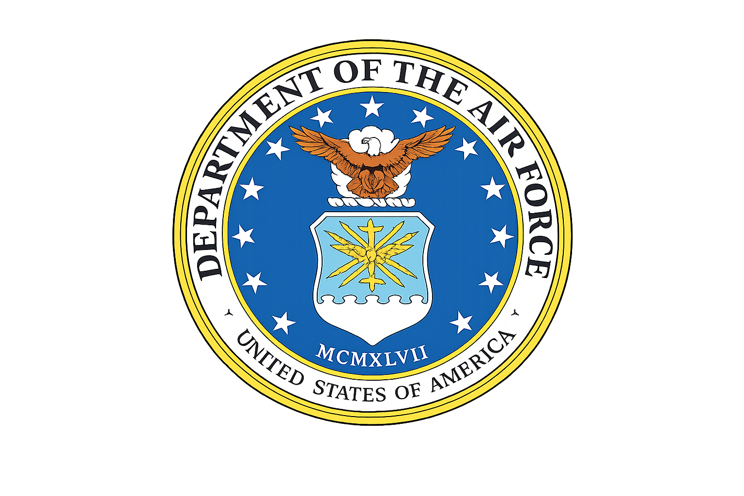 Seal of the United States Department of the Air Force featuring a brown eagle, a shield with a yellow star and rays, surrounded by a white ring with black text, and a blue background with white stars.