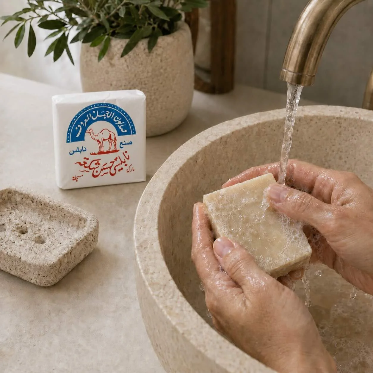Person washing a soap bar, al-jamal nabulsi olive oil soap bar.