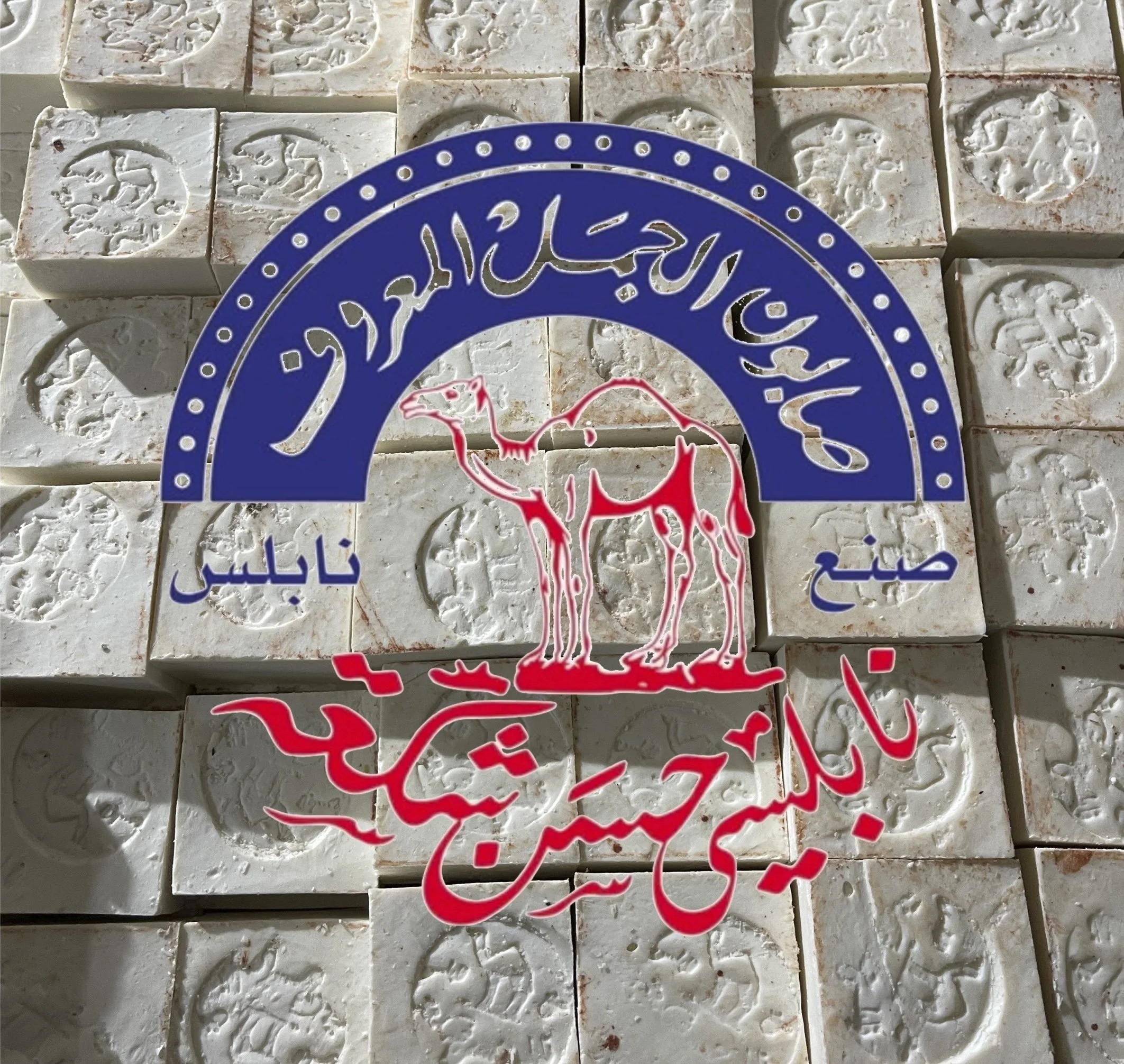 A close-up of multiple carved soap bars with a logo overlapping the bottom part of the image. Al-Jamal soap logo