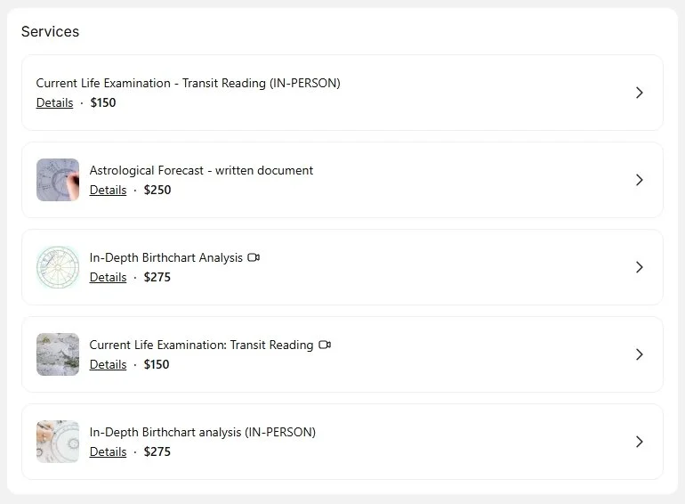 Screenshot of a services list with options for astrology and birth chart analysis, including prices for each service.