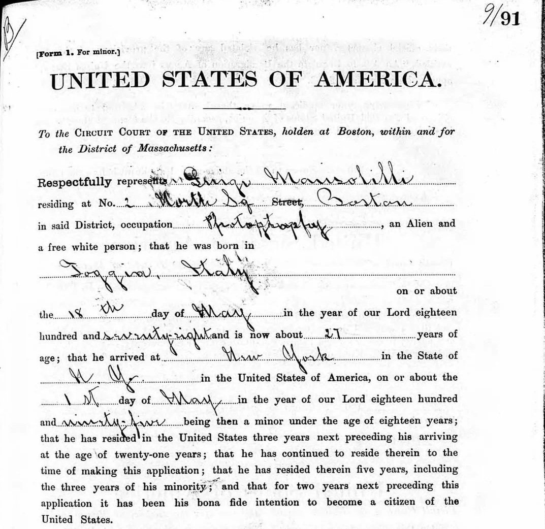 Historical U.S. citizenship form filled out by hand, including personal details of an individual, with printed and cursive text, and handwritten entries.