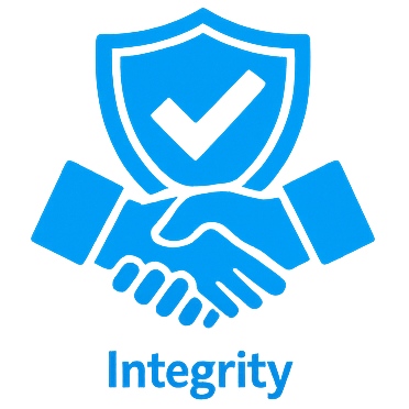 Two hands shaking with a shield and check mark above, symbolizing trust and integrity, and the word 'Integrity' below.