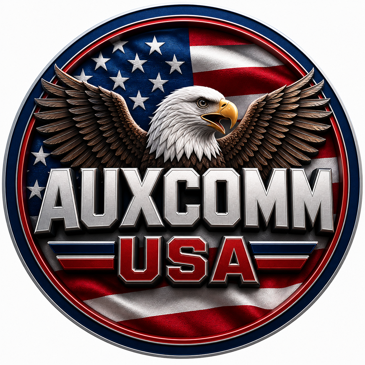 A circular emblem featuring an American flag background, a fierce bald eagle with spread wings, and the text 'AUXCOMM USA' in bold silver and red letters.