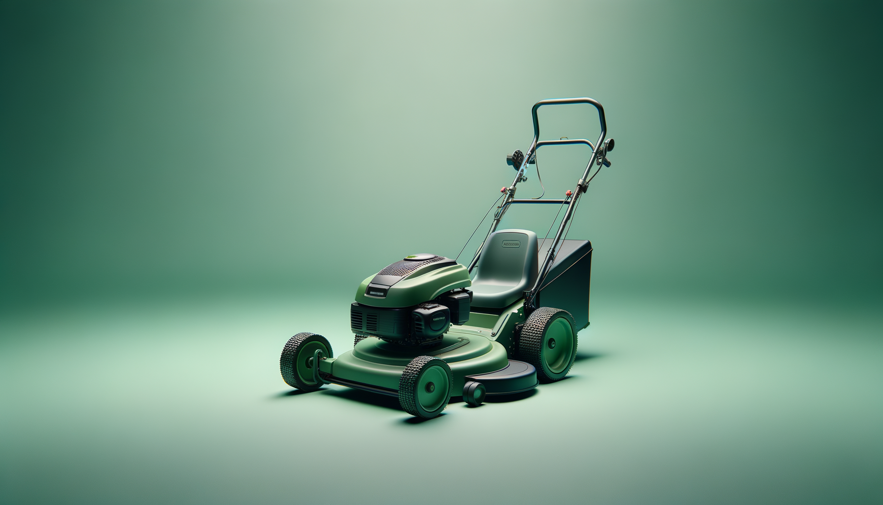A modern, green robotic lawn mower with a seat and handlebar, set against a green gradient background.