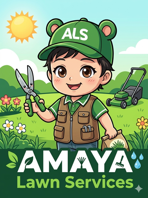 Cartoon boy wearing a green hat with ALS logo, holding garden shears, standing in a backyard with flowers, grass, a lawn mower, and bright sunshine, promoting Amaya Lawn Services.