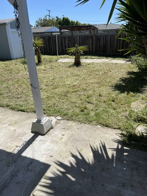 A backyard with a small grassy area, two small palm trees, a wooden fence, and part of a concrete patio with a post casting a shadow.