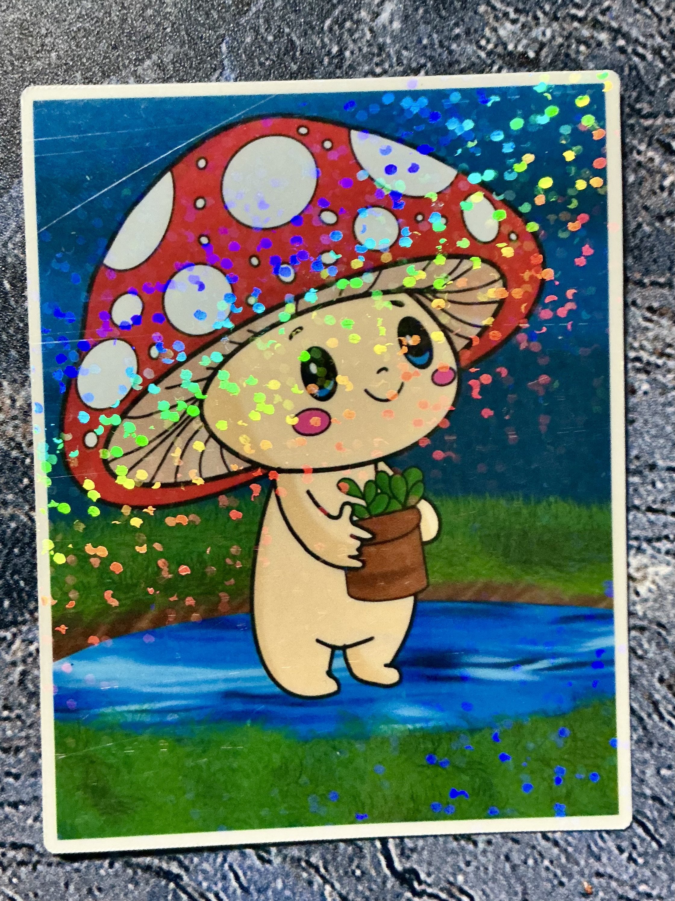 Cute Mushroom Planter Holographic Sticker