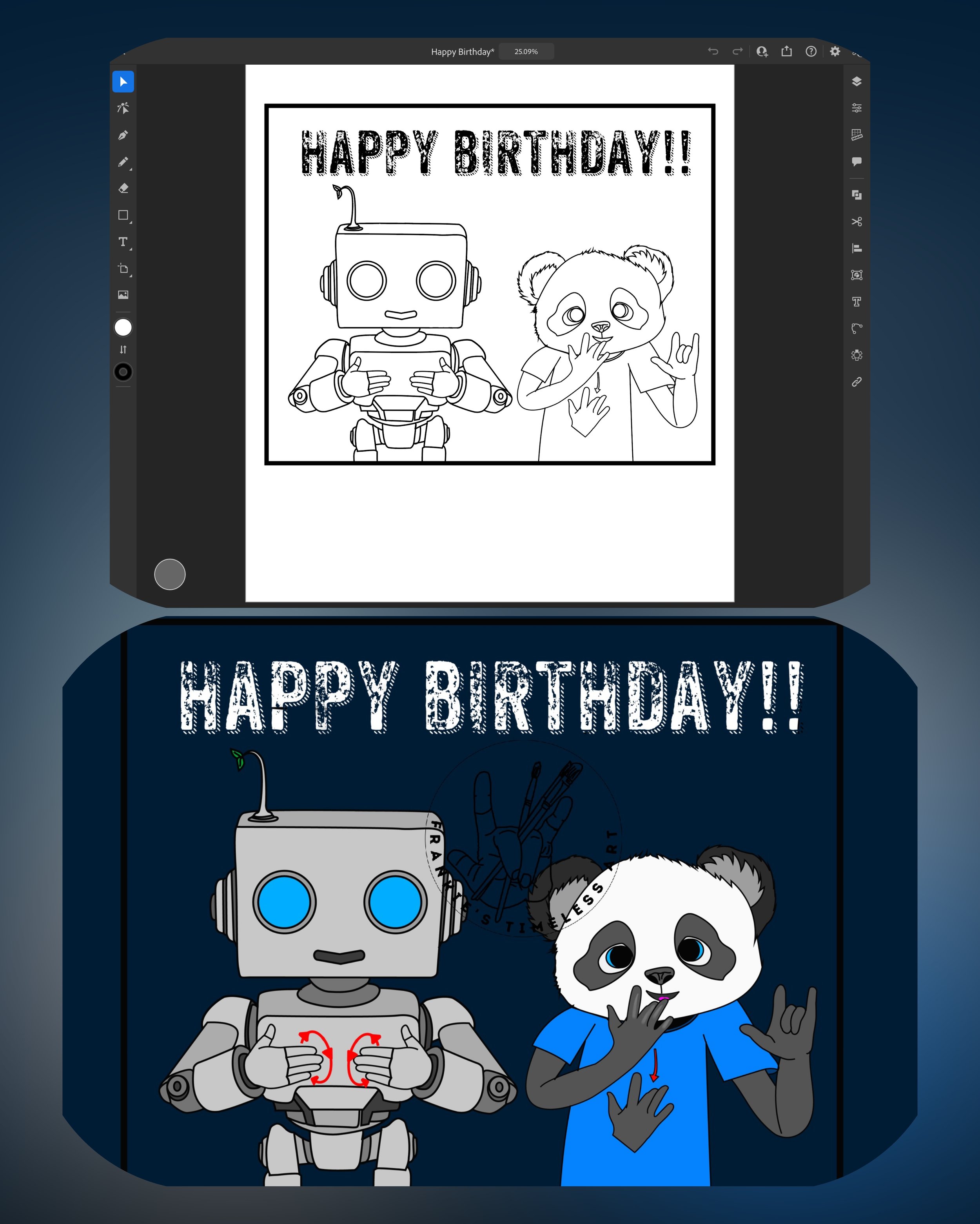 Robotwig & Pandaroo Deaf ASL Happy Birthday I Love You Postcard 5x7 Glossy