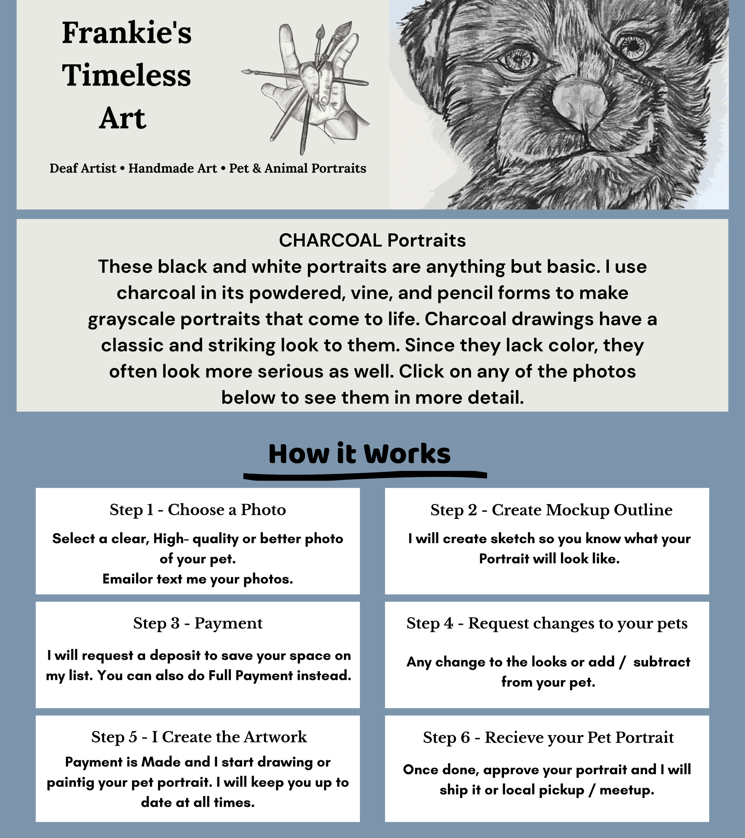 A graphic advertisement for Frankie's Timeless Art, featuring a drawing of a hand holding paintbrushes and pencils, and an image of a dog's portrait. The ad describes services such as pet and animal portrait drawing using charcoal, and provides steps for ordering a custom pet portrait.