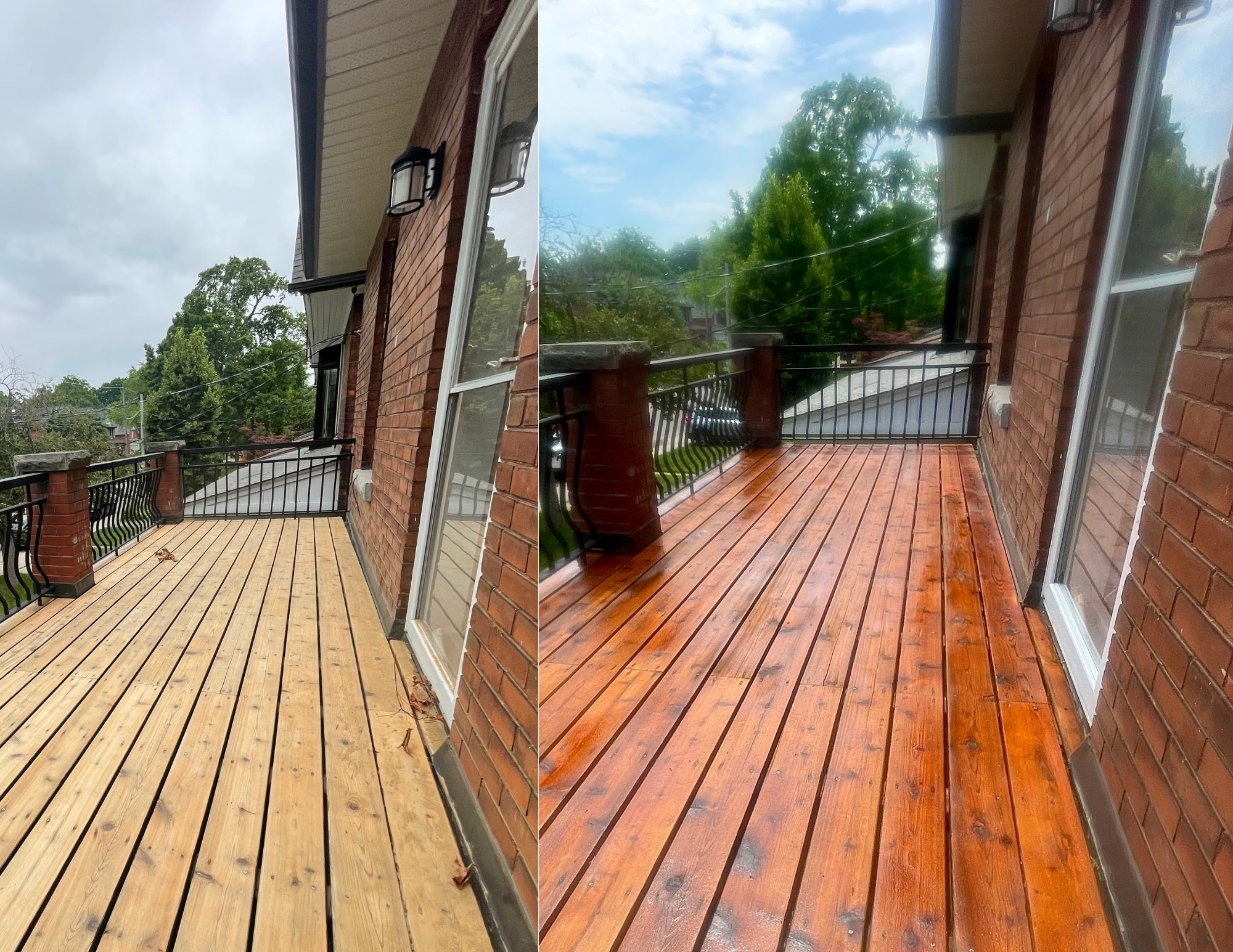 Comparison of a wooden deck before and after staining. The left side shows the deck with a lighter, natural wood finish, and the right side displays the same deck with a darker, polished stain.