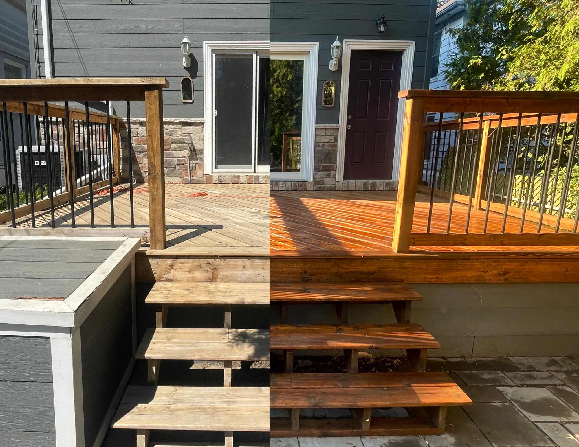 Comparison of two wooden deck stairs; left side shows unfinished, light-colored wood, and right side shows stained, darker wood.