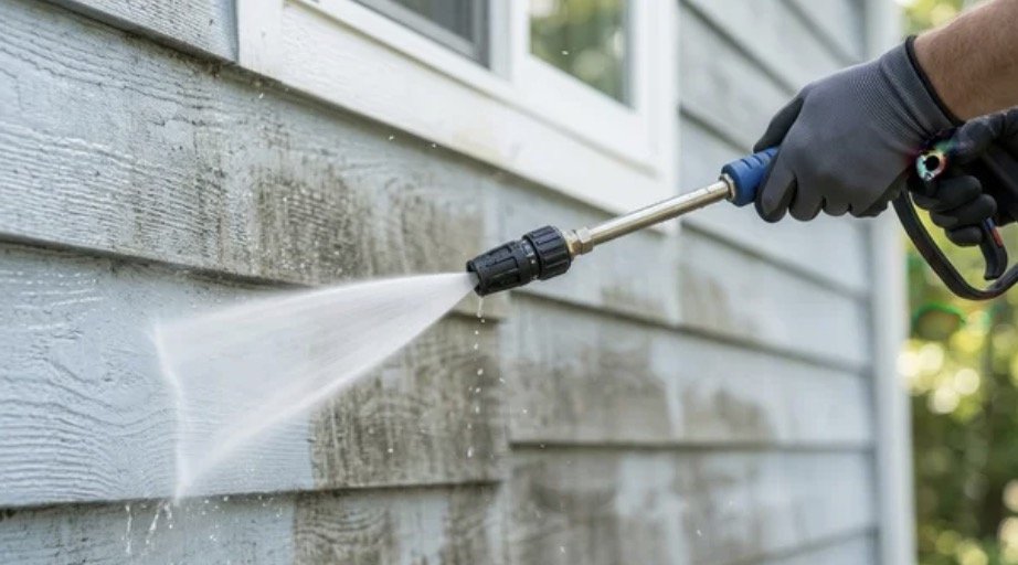 Person wearing gloves using a pressure washer to clean the exterior siding of a house.