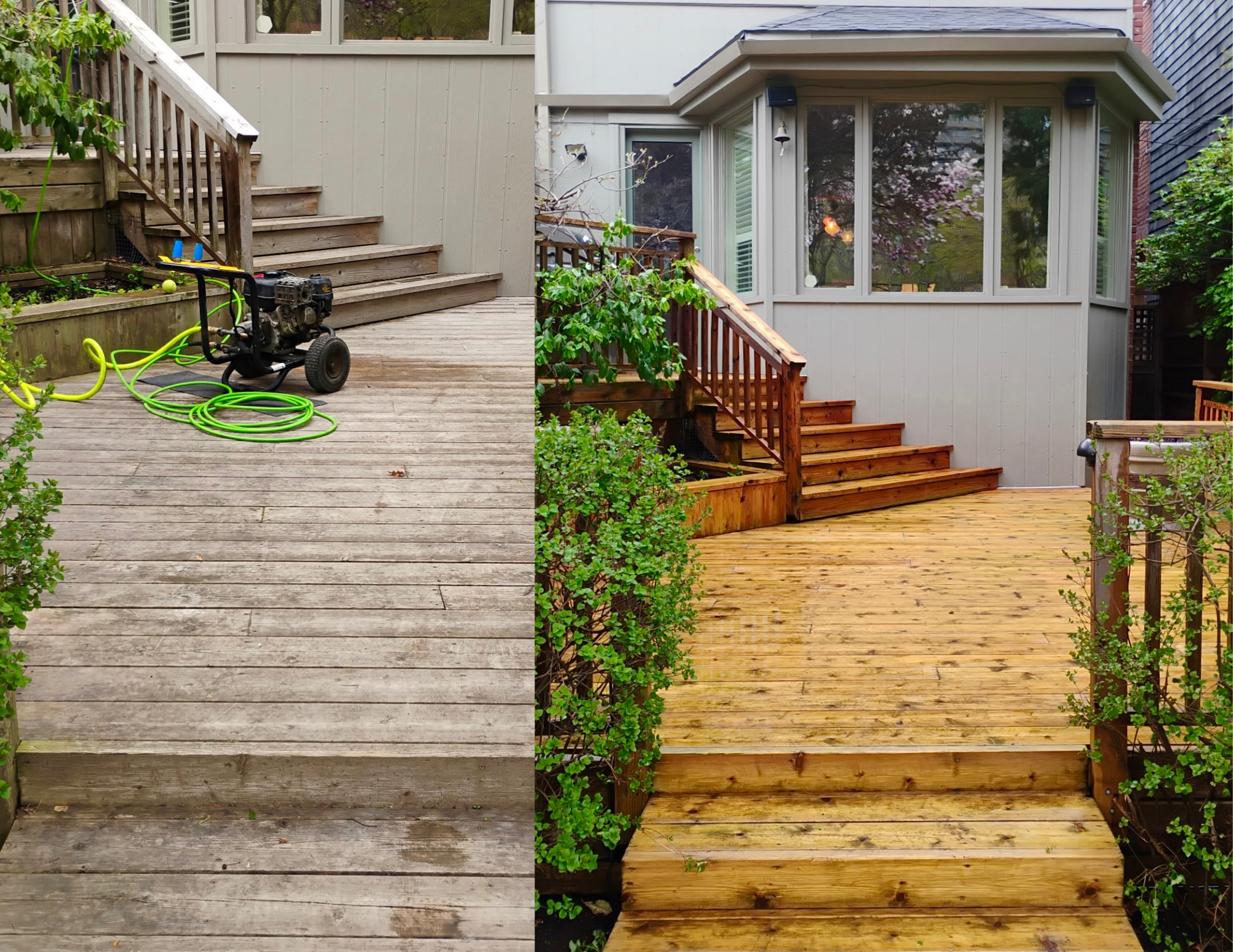 Comparison of a weathered wooden deck on the left and a newly replaced wooden deck on the right, with stairs and greenery surrounding both.