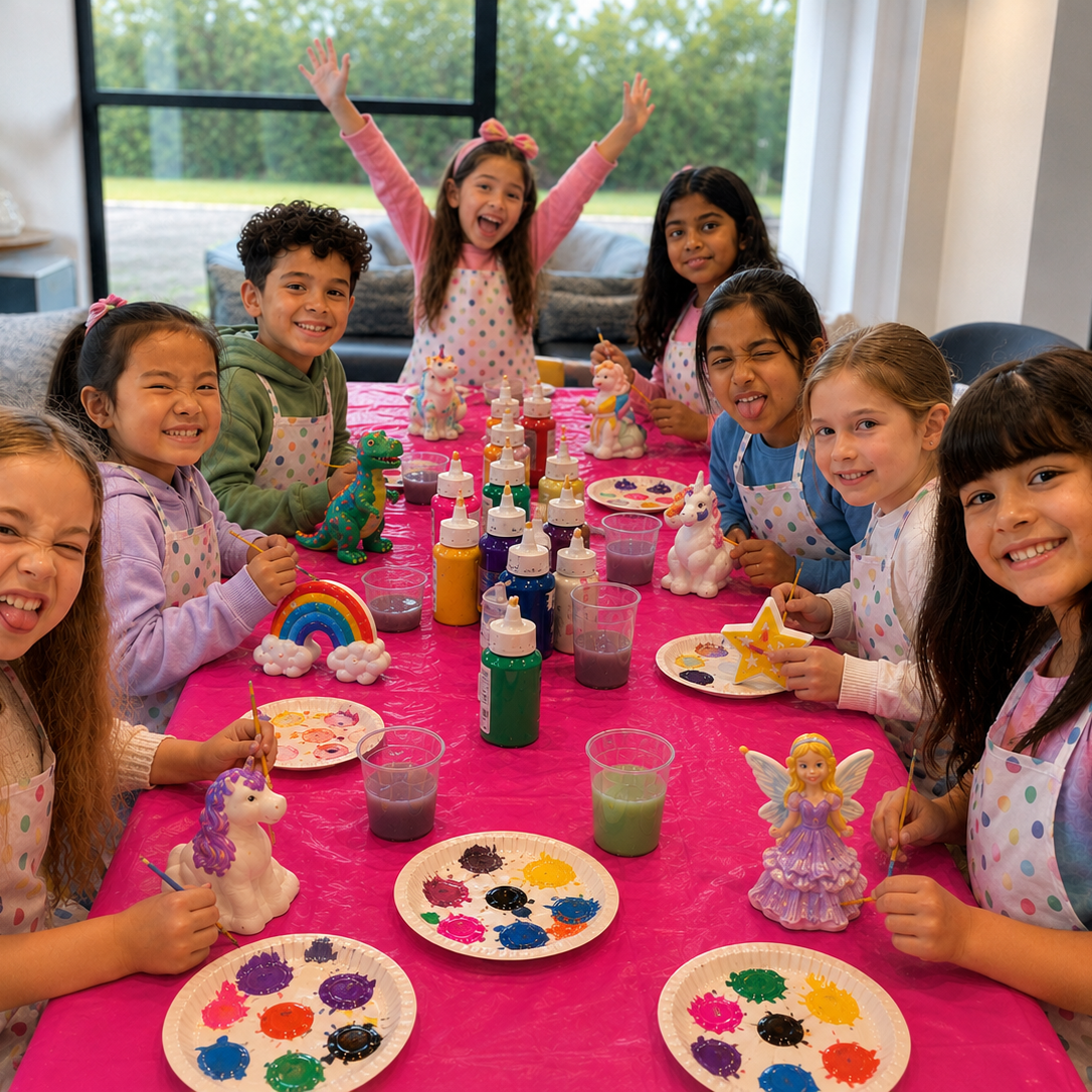 Children at a table painting unicorn and fairy figurines for a craft activity.