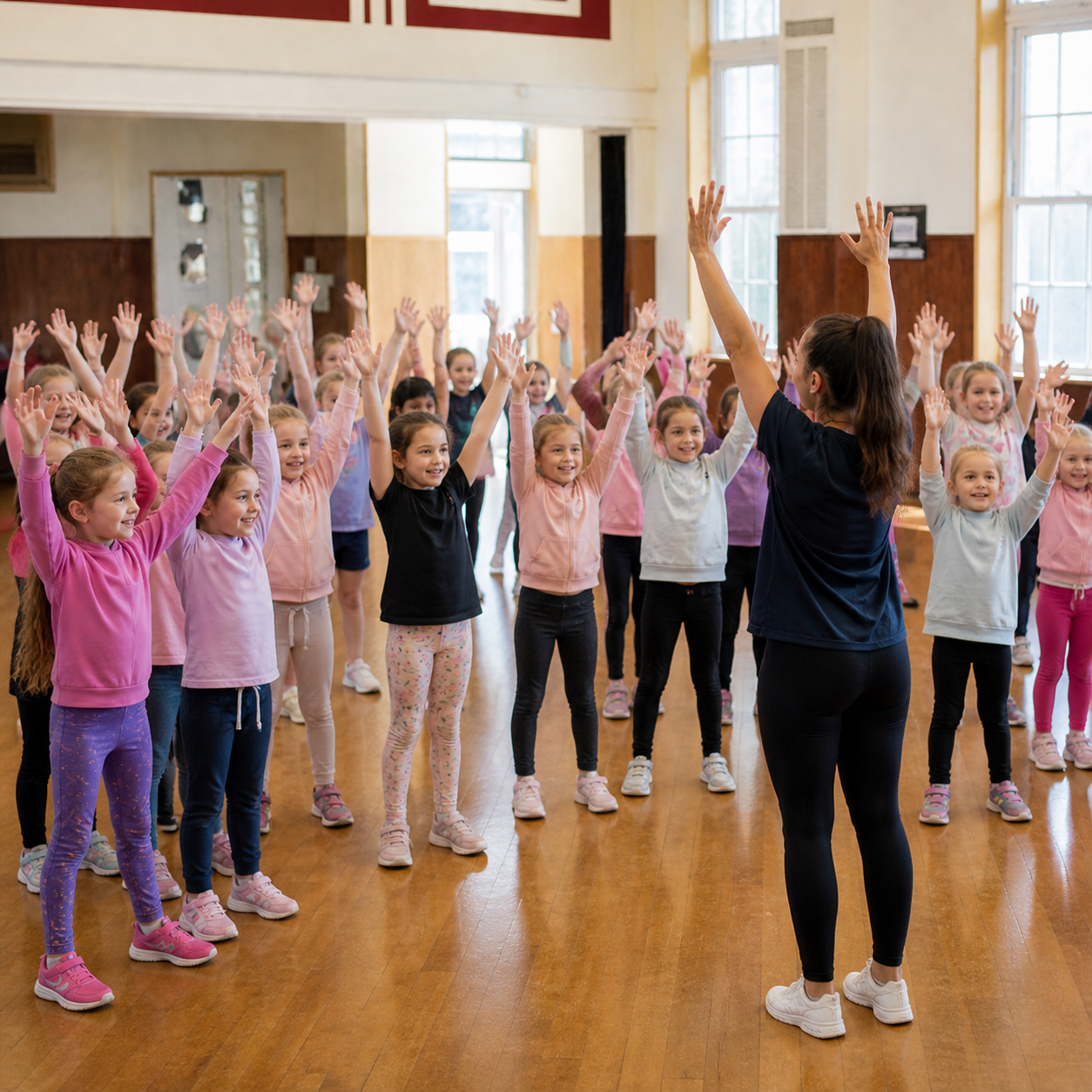 Group of young girls with their hands raised, participating in a classroom activity led by a female instructor.