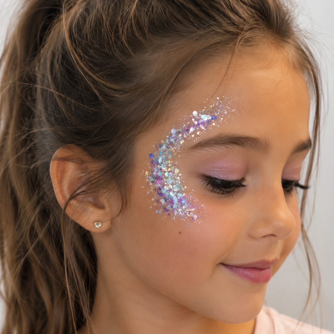 Close-up of a young girl with glitter makeup on her face, featuring pink eyeshadow and heart-shaped earring.