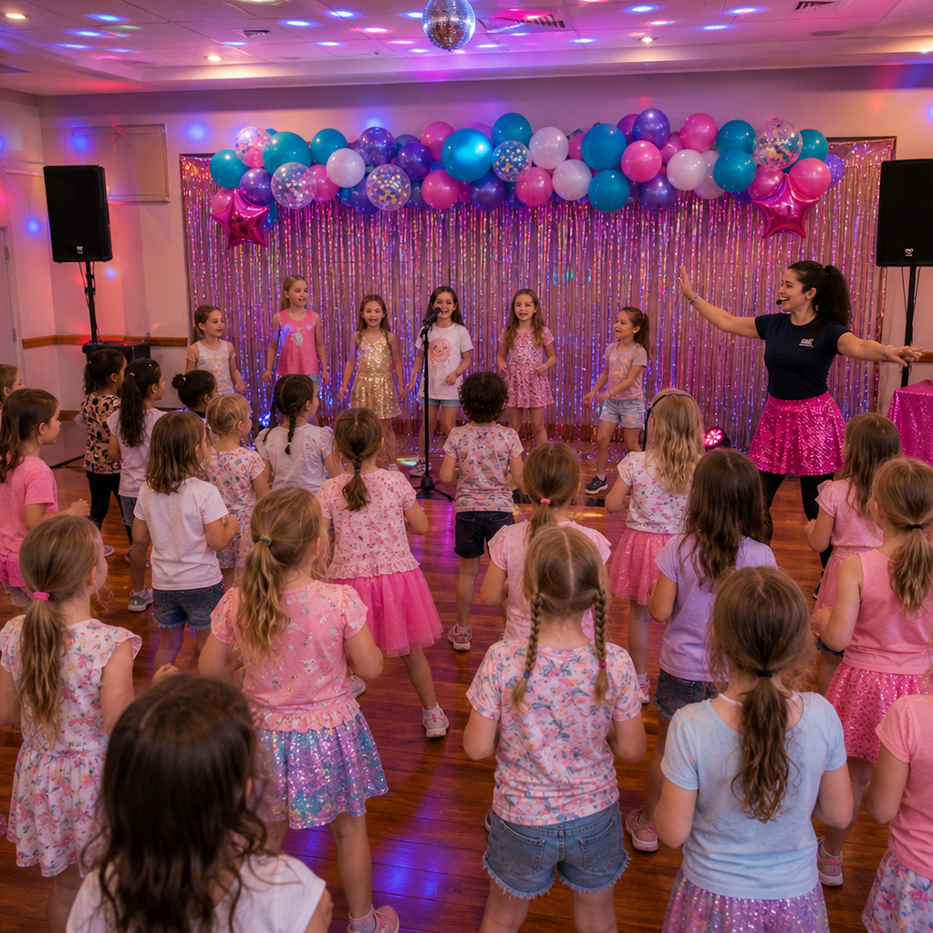 A children's birthday party with young girls dancing and singing on a decorated stage with balloons and shimmering backdrop, led by an adult woman in a blue shirt and pink skirt.