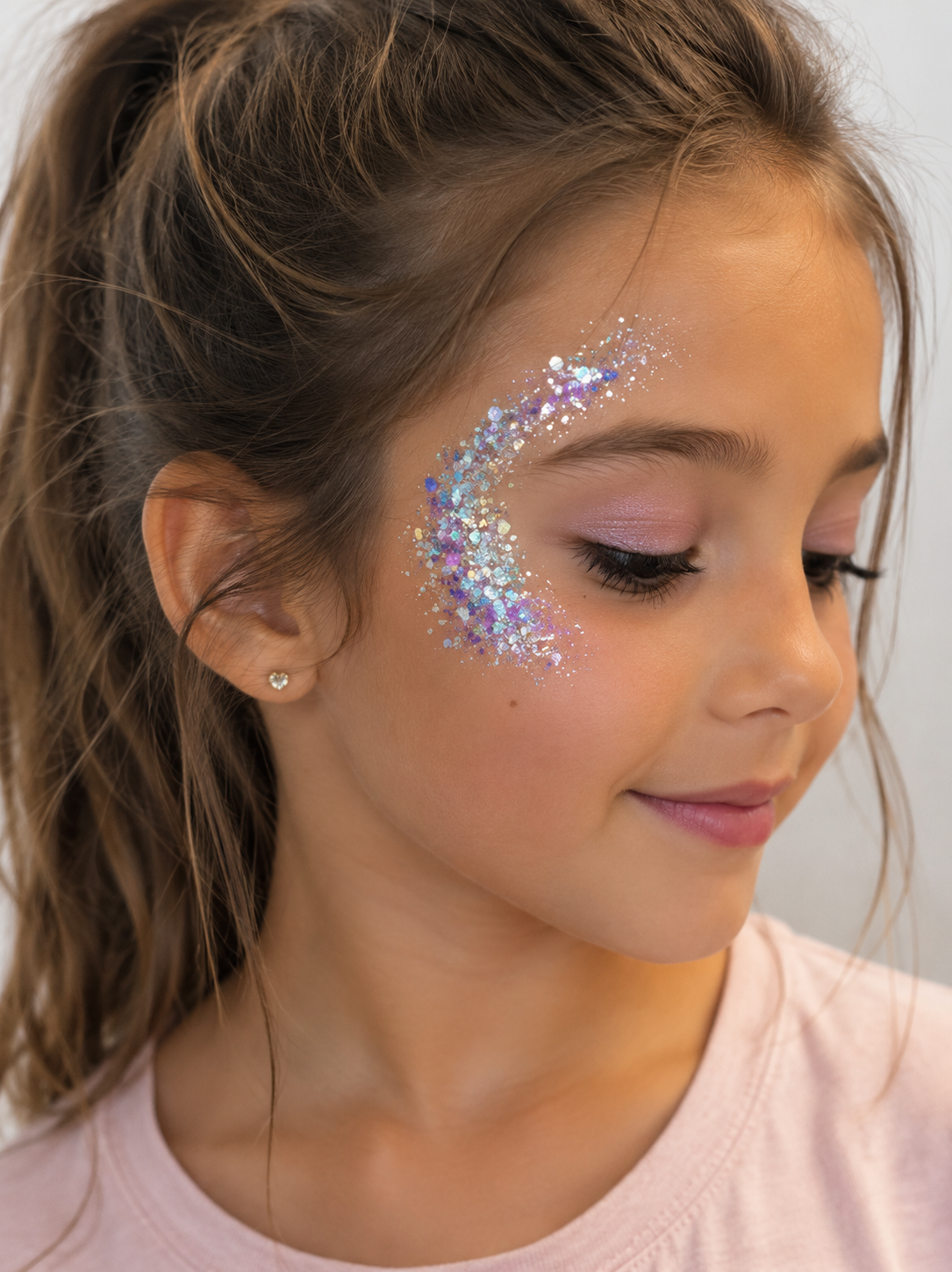 Close-up of a young girl with glitter makeup on her face, smiling gently with closed eyes, wearing small earrings and a light pink shirt.