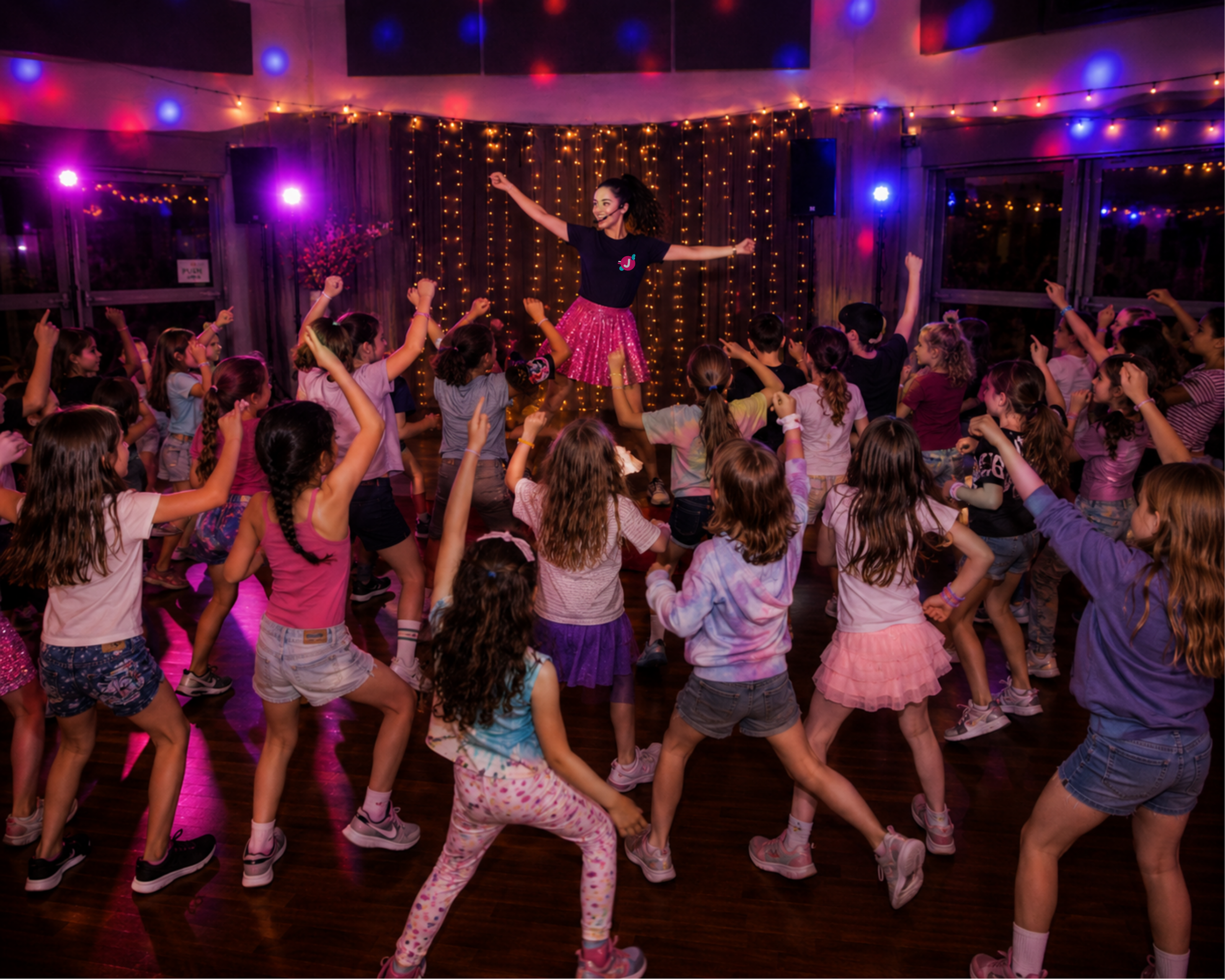 A woman leading a dance class for children in a room decorated with string lights and colorful lights, with children dancing and raising their arms.