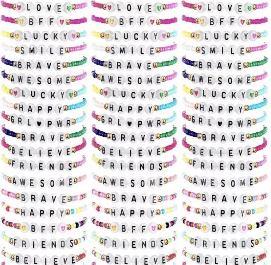 Colorful beaded bracelets with words like LOVE, BFF, LUCKY, SMILE, BRAVE, AWESOME, LUCKY, HAPPY, GRL PWR, BELIEVE, FRIENDS, AWESOME, BRAVE, HAPPY, BFF, LOVE, LUCKY, SMILE, BRAVE, AWESOME, LUCKY, HAPPY, GRL PWR, BELIEVE, FRIENDS, AWESOME, BRAVE, HAPPY, BFF, LOVE, LUCKY, SMILE, BRAVE, AWESOME, LUCKY, HAPPY, GRL PWR, BELIEVE, FRIENDS, AWESOME, BRAVE, HAPPY, BFF, LOVE, LUCKY, SMILE, BRAVE, AWESOME, LUCKY, HAPPY, GRL PWR, BELIEVE, FRIENDS, AWESOME, BRAVE, HAPPY, BFF, LOVE, LUCKY, SMILE, BRAVE, AWESOME, LUCKY, HAPPY, GRL PWR, BELIEVE, FRIENDS, AWESOME, BRAVE, HAPPY.