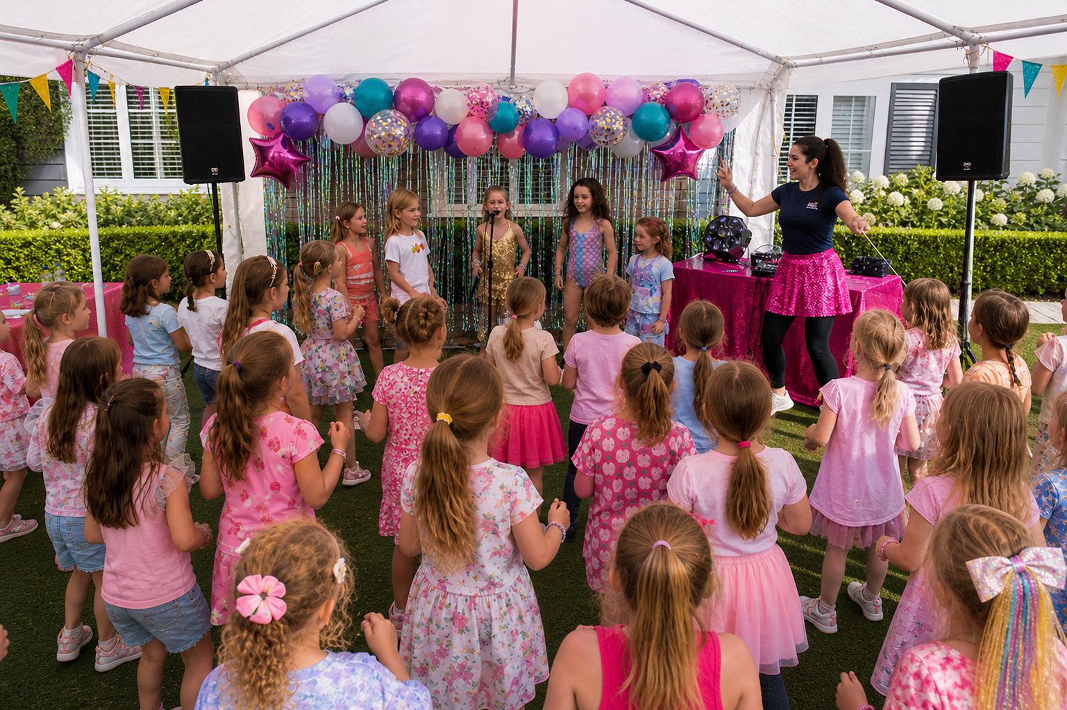 Children at a birthday party dancing and singing under a decorated tent with balloons and a DJ. The kids are dressed in colorful clothes, and an adult woman is leading them in dance.