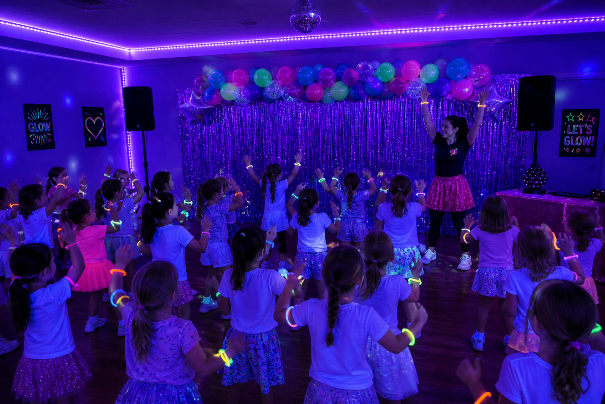Children participating in a glow-in-the-dark dance party with a woman leading, colorful balloons and glittery decorations, illuminated by purple UV lights.