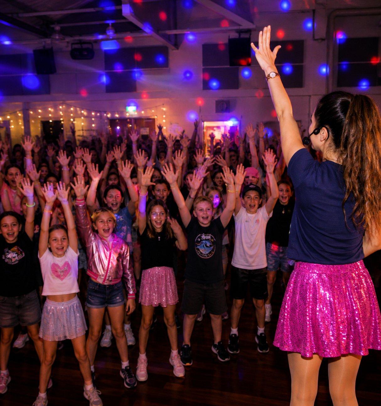 A large group of excited kids at a dance party with their hands raised, led by a woman with long hair wearing a pink sequin skirt and headset microphone.