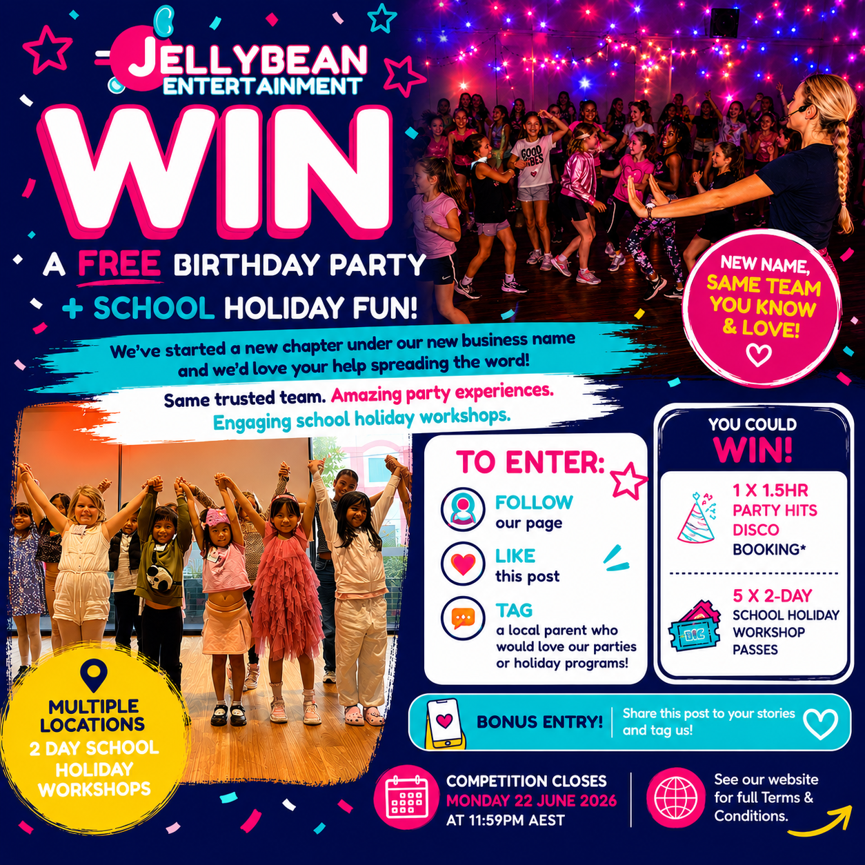 A promotional flyer for Jellybean Entertainment's birthday party giveaway featuring children dancing and having fun, with colorful decorations, and instructions to enter the contest through social media.