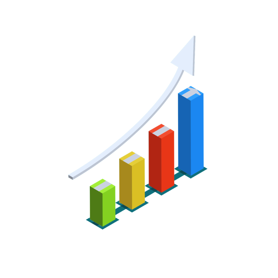 A 3D bar chart with four vertical bars in green, yellow, red, and blue from left to right, increasing in height, with a white upward arrow above indicating growth.