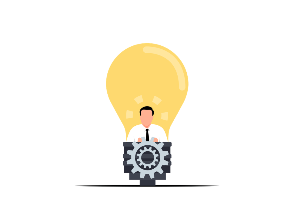 An illustration of a man in a white shirt and black tie inside a light bulb with gears at the base, symbolizing ideas and innovation.