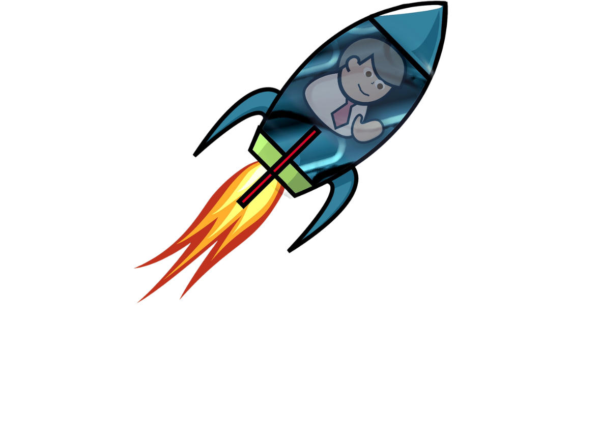 Cartoon businessperson in a suit flying in a rocket with flames coming out of the engine.