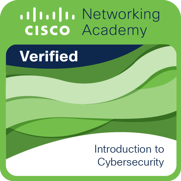 Certified badge for Cisco Networking Academy Verified, titled 'Introduction to Cybersecurity.' Green and navy blue design elements.