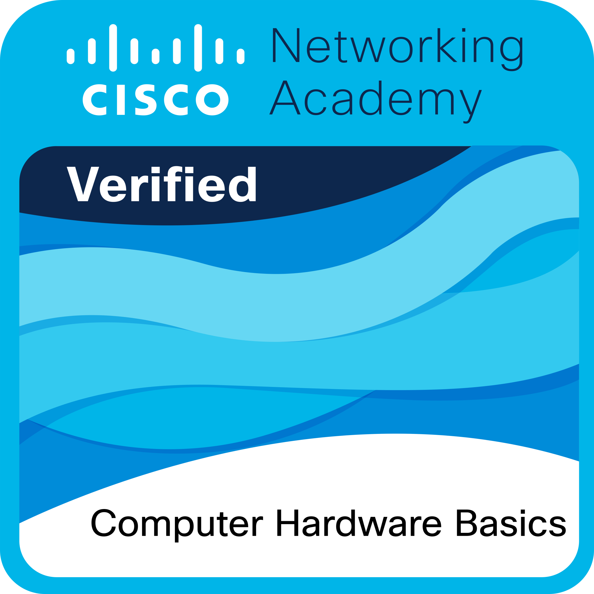 Certificate badge with Cisco logo, blue background, and text indicating certification in computer hardware basics.