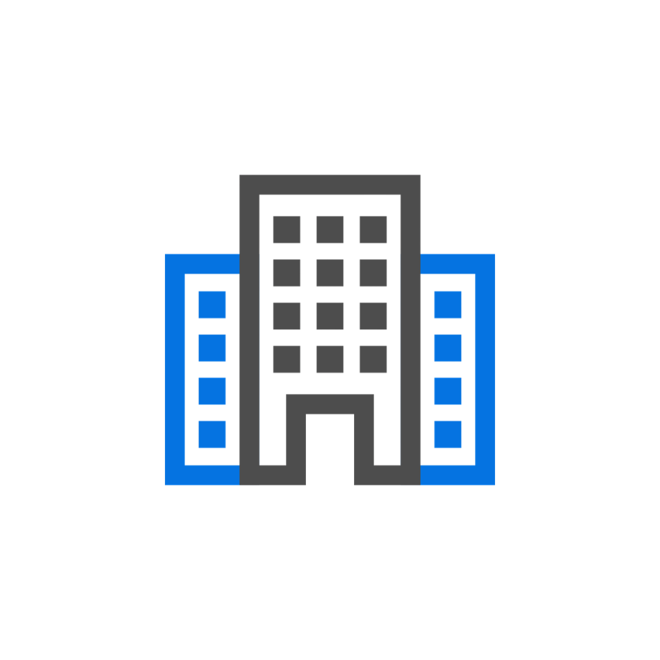 Icon of a city building with a central tower, surrounded by two shorter buildings, in black, gray, and blue outline.