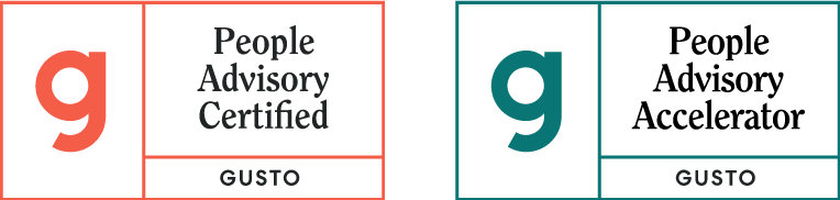 Gusto People Advisory Certified logos, with red and teal borders.