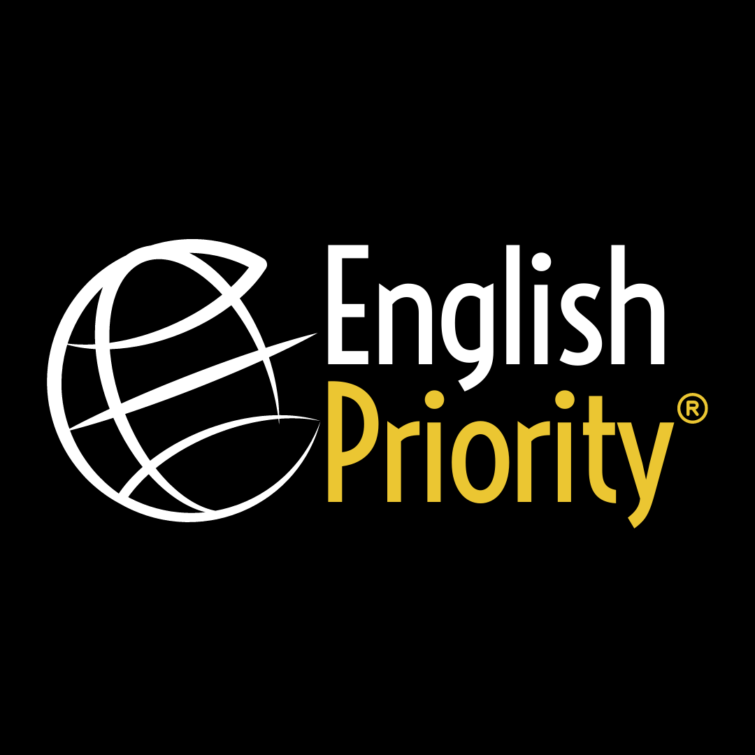 English Priority logo with a stylized globe icon on a black background.