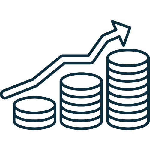 Line graph with upward trend over stacks of coins representing financial growth.