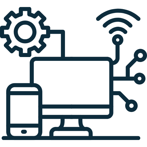 Outline digital technology icons with a gear, wireless signal, computer monitor, and smartphone.