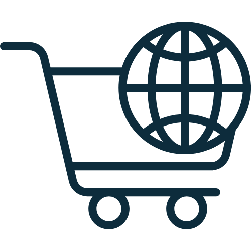 Shopping cart with globe icon representing global online shopping or e-commerce.