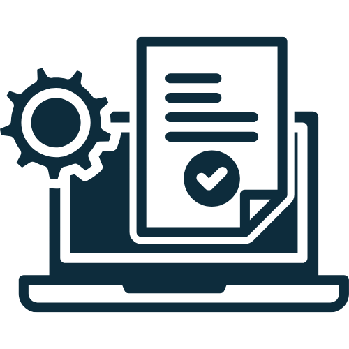 Icon of a laptop with a document showing a checkmark, gear, and paper stacks