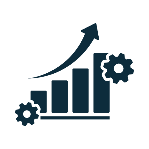 A bar chart with five bars increasing in height, an upward arrow above the bars, and two gears, symbolizing growth, progress, and settings or tools.