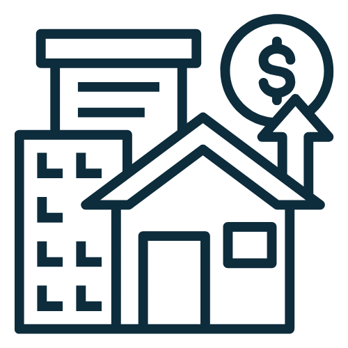 Digital illustration of a house, a dollar sign, and upward arrow, symbolizing real estate investment or property value growth.